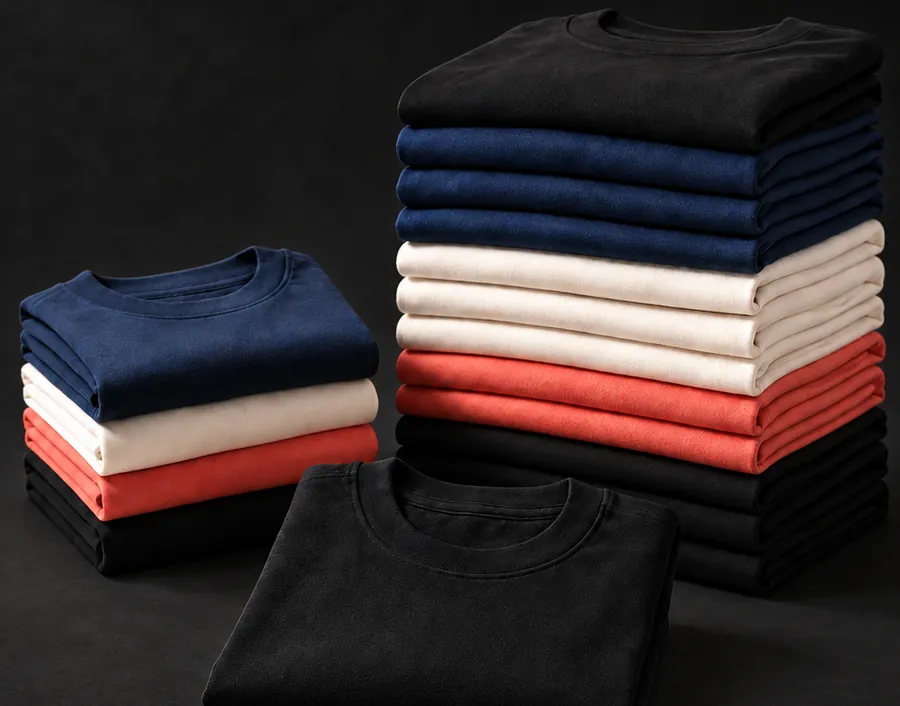 Stacks of folded tees in black, navy, cream and coral