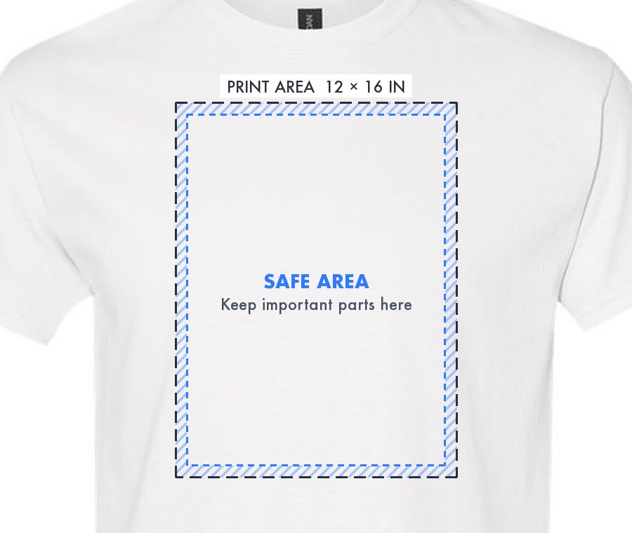 A white T-shirt front with a dashed print area box. A striped band runs just inside its edge, ending at a blue dashed safe line.